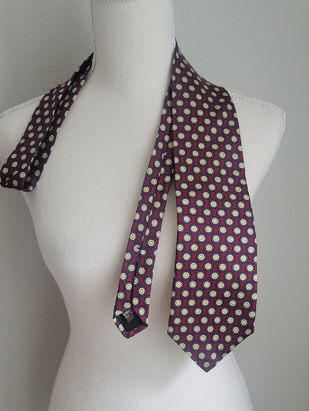 Vintage Cromley & Finch Burgundy Silk Tie with Yellow/Blue Circular Motif